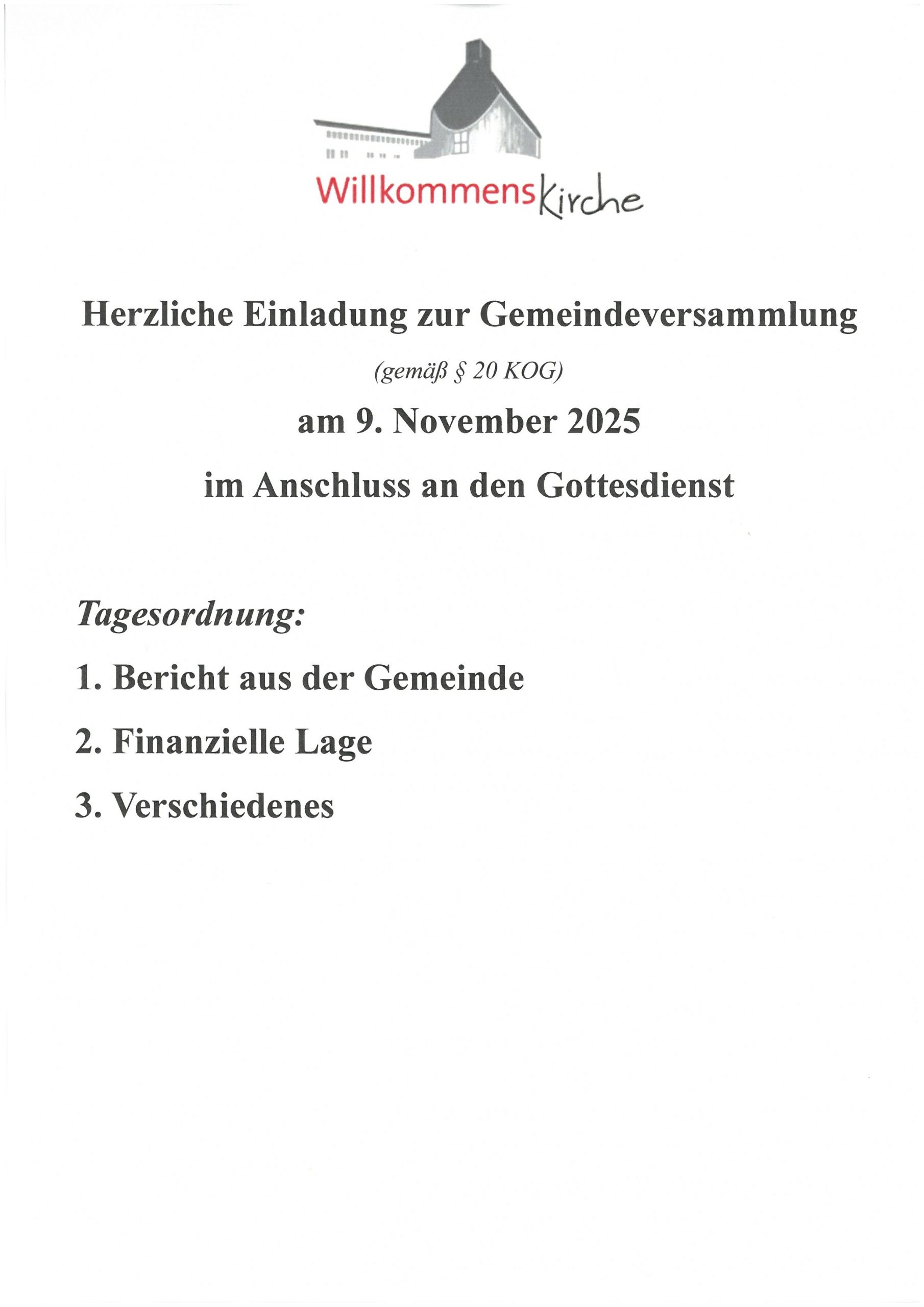 Gemeindeversammlung am 9.11.2025 im Anschluss an den Gottesdienst um 10.30 Uhr